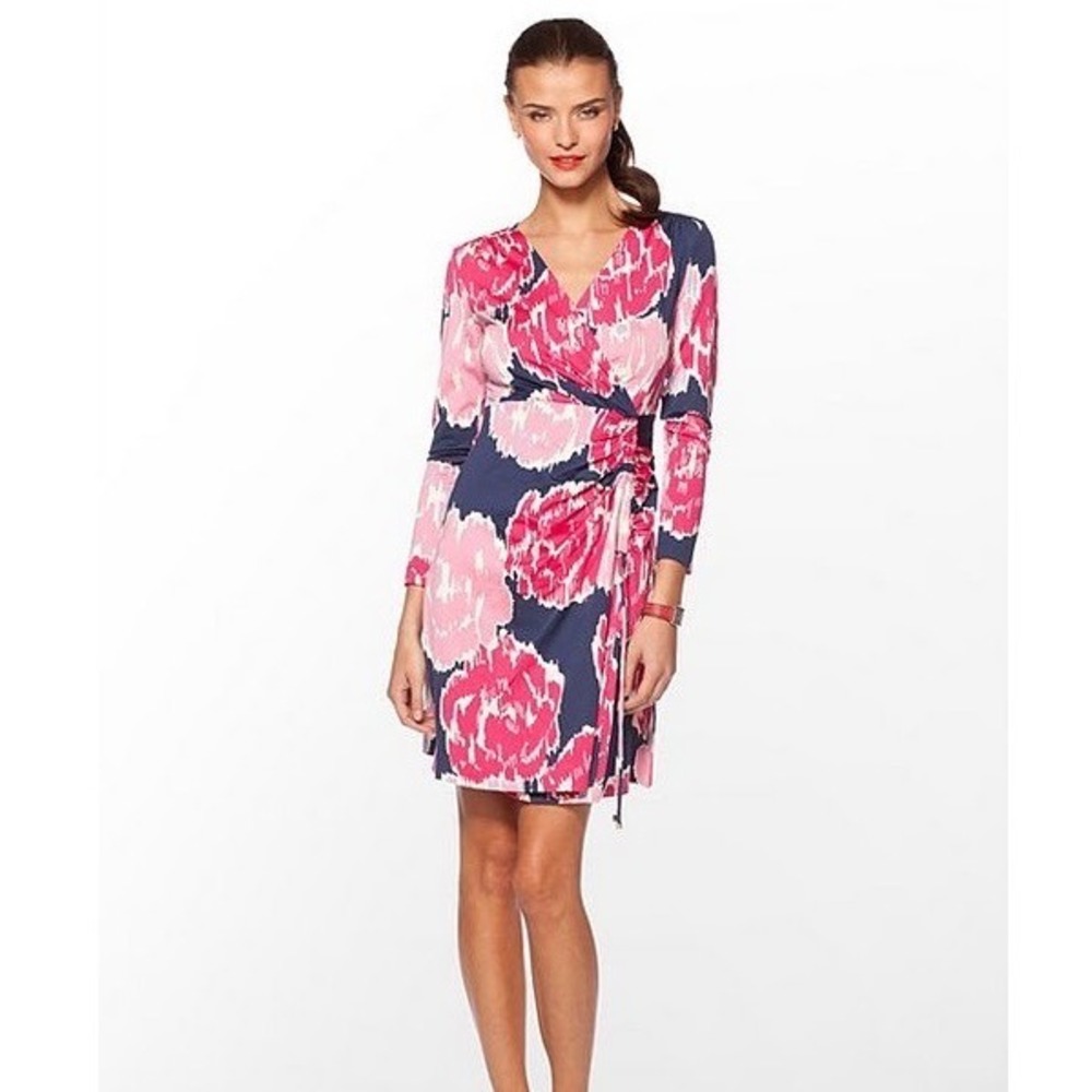 Lilly Pulitzer Augusta Bravissimo Silk Cotton Wrap Dress Pink Navy Floral Small